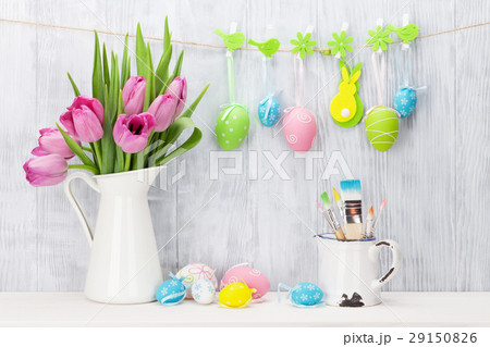 Easter eggs and pink tulips bouquet 29150826