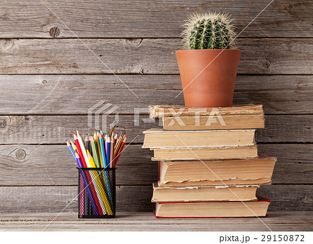 Cactus on old books and colorful pencils 29150872