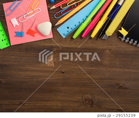Stationery at top of table top view 29155239
