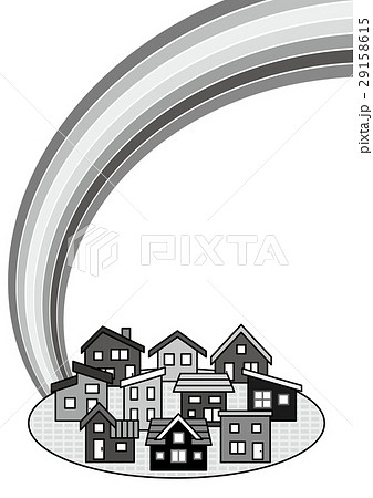 シンプルな住宅街と虹 モノクロ のイラスト素材 29158615 Pixta