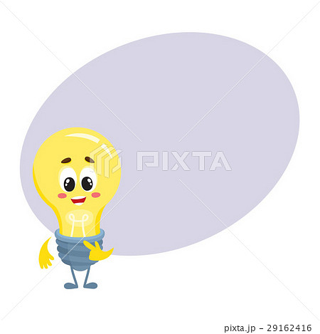 Cute light bulb character with funny face, showing Cute light bulb character with funny face, showing 29162416