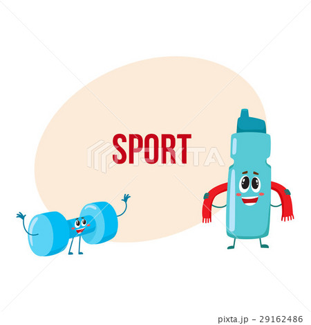 Funny dumbbell and protein shake bottle characters with smiling