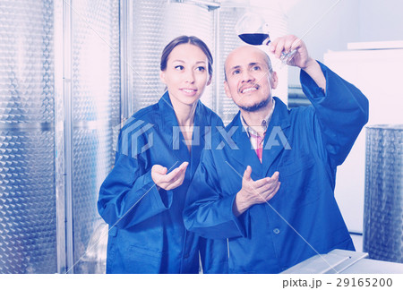 Winery workers holding glass in wine factory Winery workers holding glass in wine factory 29165200