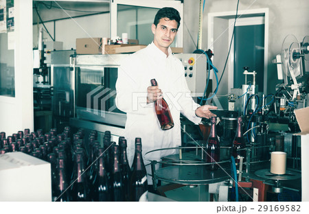 attractive man employee standing in final section of wine production on factory attractive man employee standing in final section of wine production on factory 29169582