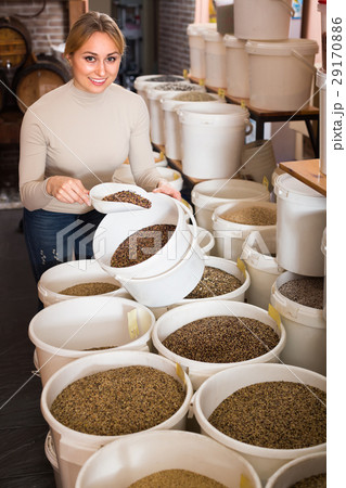 Woman picking seeds for birds in shop. Woman picking seeds for birds in shop. 29170886