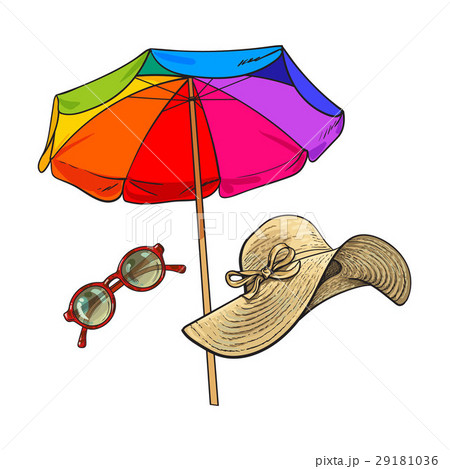 Straw hat with wide flaps, round sunglasses and Straw hat with wide flaps, round sunglasses and 29181036