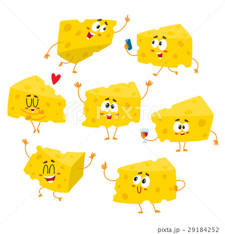 Set Of Cute And Funny Cheese Chunk Characterのイラスト素材