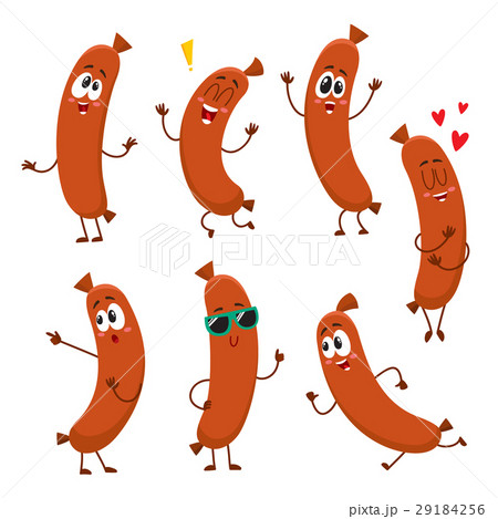 Cute Funny Sausage Characters With Human Faceのイラスト素材