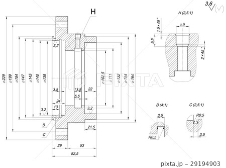 Cap sketch with hatching. Engineering drawing Cap sketch with hatching. Engineering drawing 29194903