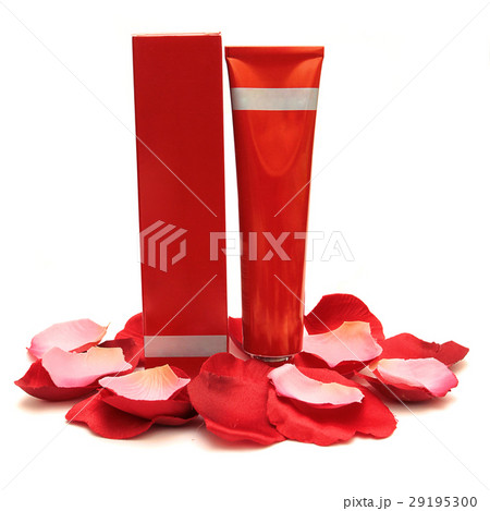 Red cosmetic bottle, box and rose petals isolated 29195300