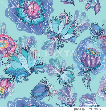 Turquoise Floral Lotus and Peony Vector Pattern 29198970