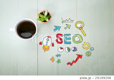 SEO concept with a cup of coffee SEO concept with a cup of coffee 29199206