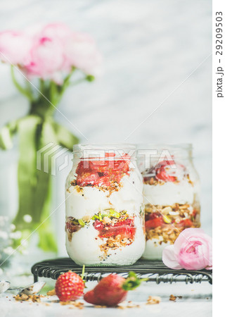 Greek yogurt, granola, strawberry breakfast jars Greek yogurt, granola, strawberry breakfast jars 29209503