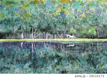 御射鹿池　山の湖　水彩画　白馬 29210172