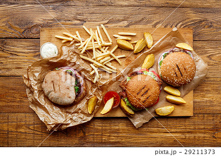 Fast food take away top view. Hamburger, hotdog 29211373