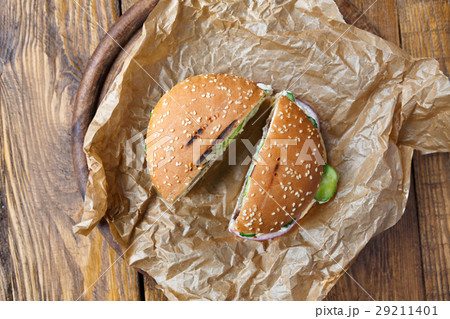 Classic american burgers, fast food on wood 29211401