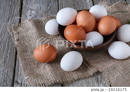 Fresh chicken brown eggs on sack, organic farming Fresh chicken brown eggs on sack, organic farming 29216175