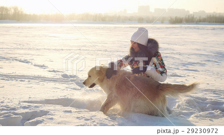 Young beautiful happy girl plays with a retriever 29230972