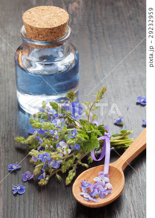blue essential oil in glass bottle 29232959