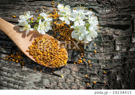 Bee pollen in a wooden spoon and flowers of spring 29238415