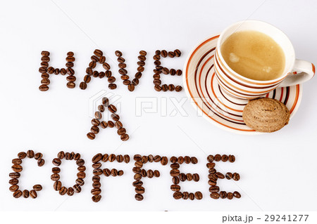 have a coffee break from beans on white with cup of coffee have a coffee break from beans on white with cup of coffee 29241277