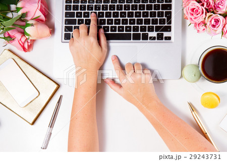 Feminine workspace, top view 29243731