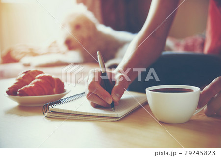 female hands with pen writing on notebook female hands with pen writing on notebook 29245823