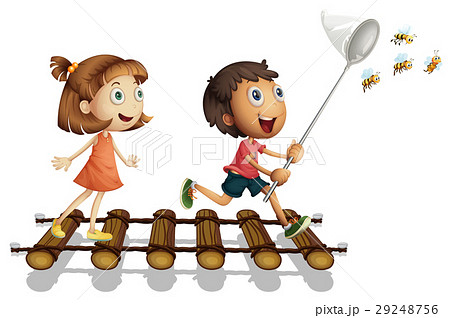 Two kids catching bee with net 29248756