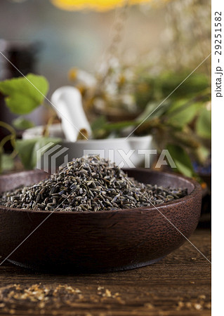 Assorted natural medical herbs and mortar  29251582