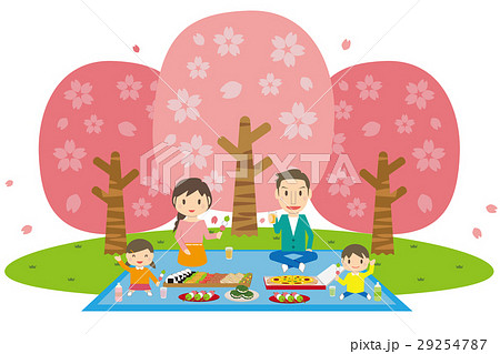かわいい家族でお花見 幼い娘と息子とピクニック のイラスト素材