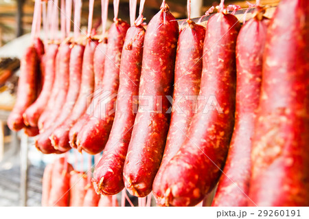 Home made meat salami sausage at street market Home made meat salami sausage at street market 29260191
