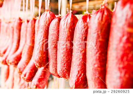 Home made meat salami sausage at street market Home made meat salami sausage at street market 29260925