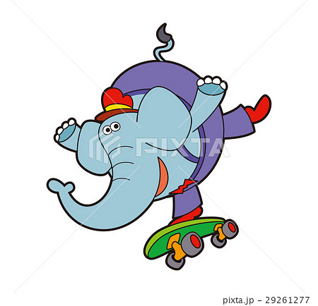 ゾウとスケボー ゾウのキャラクター スケボーのイラスト素材