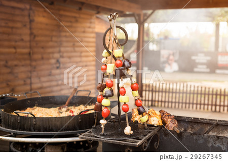 Grilled vegetables on metal skewers. Street food Grilled vegetables on metal skewers. Street food 29267345