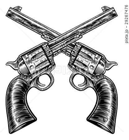 Crossed Pistol Gun Revolvers Vintage Woodcut Styleのイラスト素材
