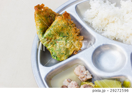 stainless tray with rice, omelette and soup stainless tray with rice, omelette and soup 29272596