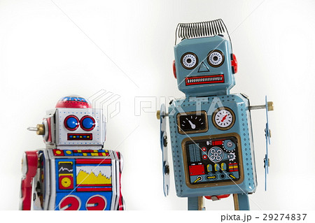 Vintage tin toy robots isolated white background Vintage tin toy robots isolated white background 29274837