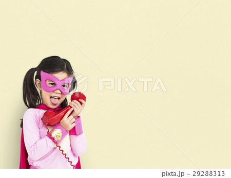 Superhero Girl Smiling Happiness Telephone Communication Portrait Superhero Girl Smiling Happiness Telephone Communication Portrait 29288313