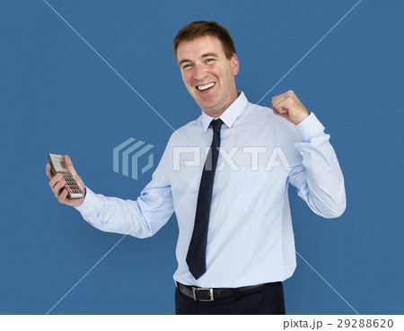 Caucasian Business Man Calculator Smiling Caucasian Business Man Calculator Smiling 29288620