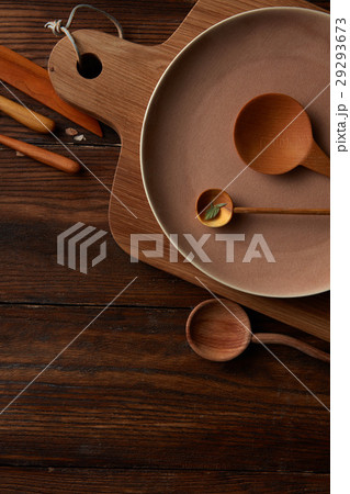 Composition of kitchen devices on wooden table 29293673