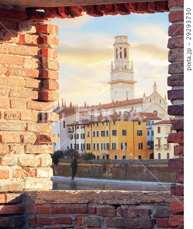 Old Verona town, view through brickwall window Old Verona town, view through brickwall window 29293730
