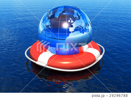 Earth globe in lifebuoy floating in water Earth globe in lifebuoy floating in water 29296788