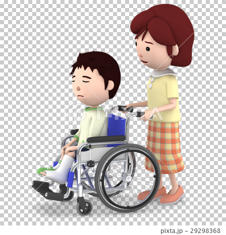 車いすに座るギブスの男の子と介助するお母さん 29298368