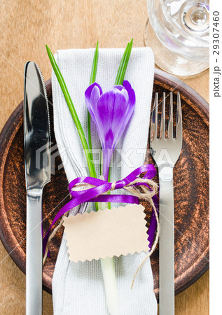 Festive Table Setting With Flower and Empty Tag. Festive Table Setting With Flower and Empty Tag. 29307460