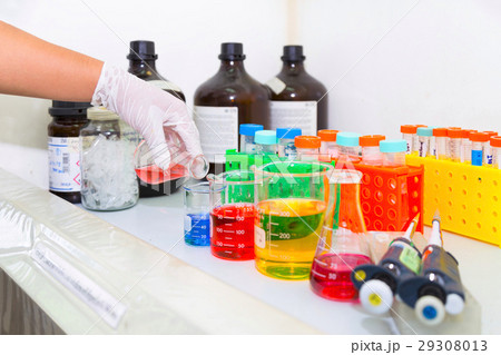 Scientist pouring the red solution in the flask Scientist pouring the red solution in the flask 29308013