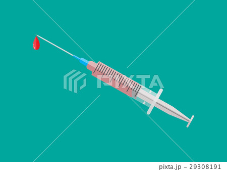Medical plastic syringe with red liquid. 29308191