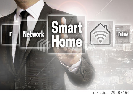 Smart Home businessman with city background concept Smart Home businessman with city background concept 29308566