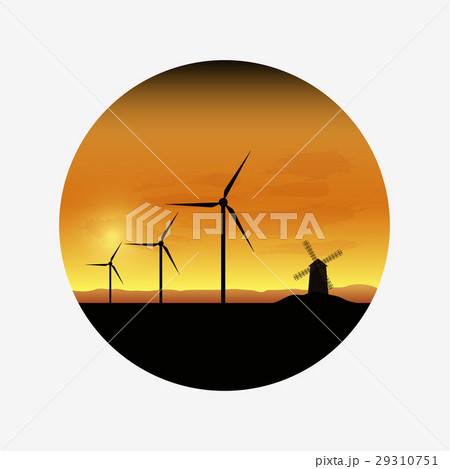 Electric wind turbines farm silhouettes on sunset 29310751