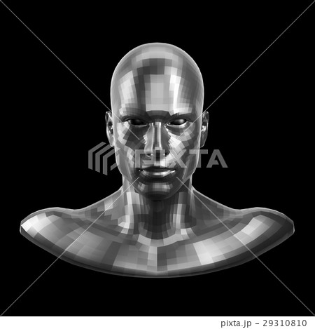 3D rendering. Faceted silver robot face with eyes 29310810