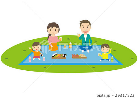 かわいい家族 行楽 お弁当を広げてピクニックのイラスト素材